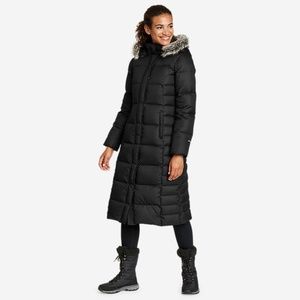 Black Eddie Bauer down feather, mid calf winter coat. Size XS